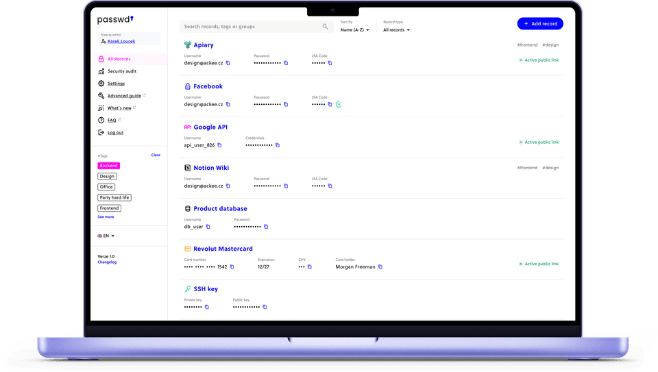 Панель Passwd внутри Google Workspace с плавающими карточками учётных данных для Google, Microsoft, Paypal и Figma